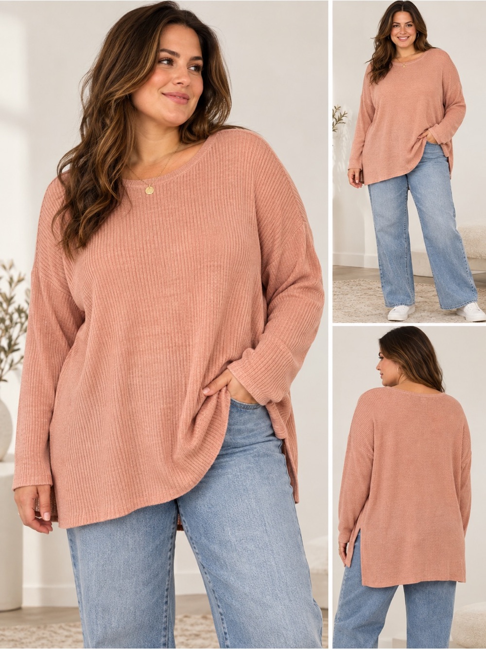 Eileen Fisher 100% Organic Linen Ribbed Tunic Sweater Dusty Rose 1X